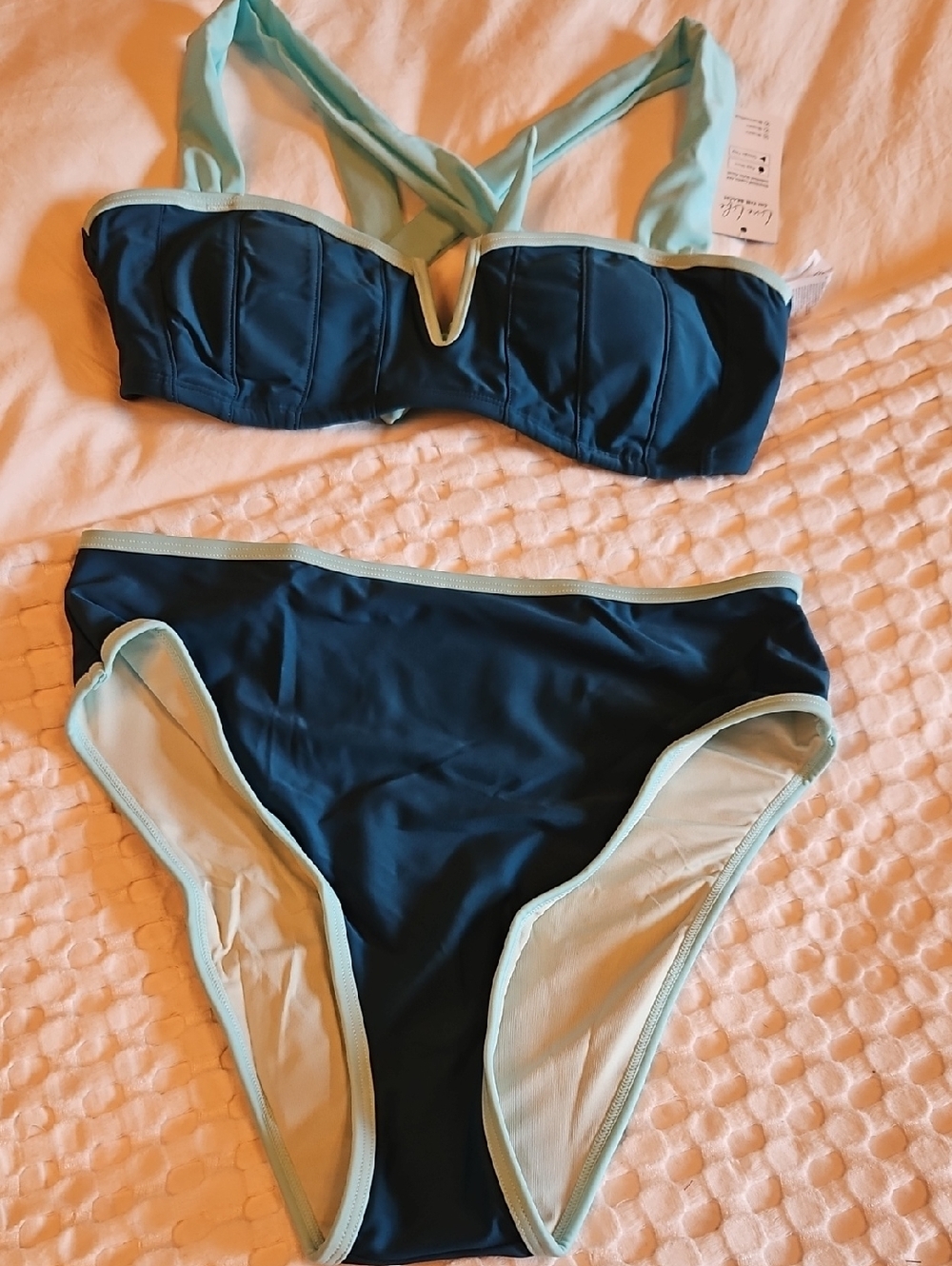 Women’s Dark Teal Two-Piece Bikini with Light Mint Trim Medium